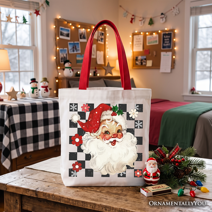 Checkered Santa Claus Vintage Tote Bag, Retro Merry Christmas Gift Shopper