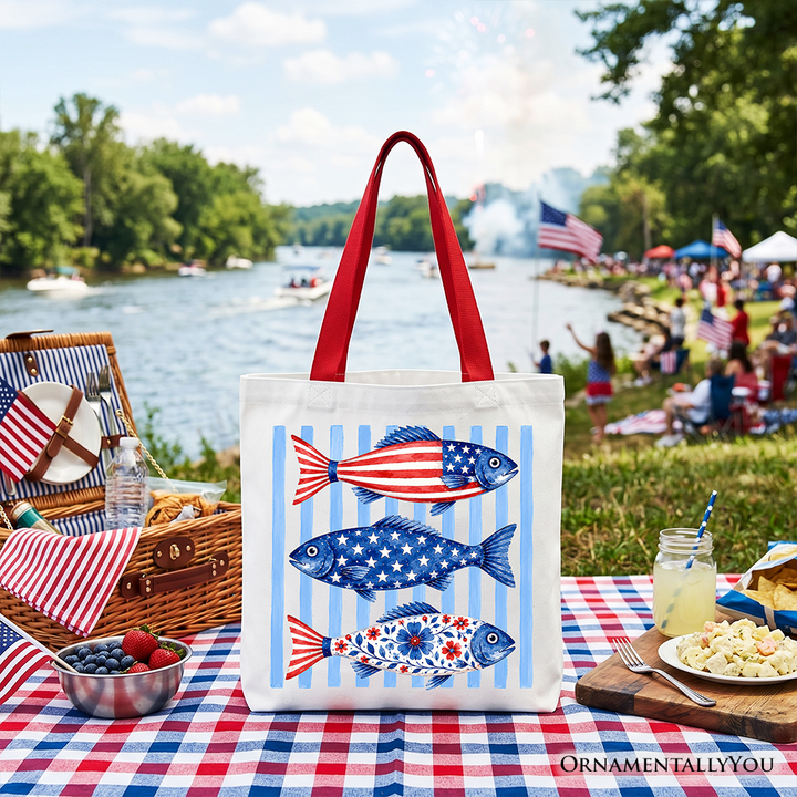 Patriotic Fish Striped Tote Bag, 4th of July Beach Gift Shopper