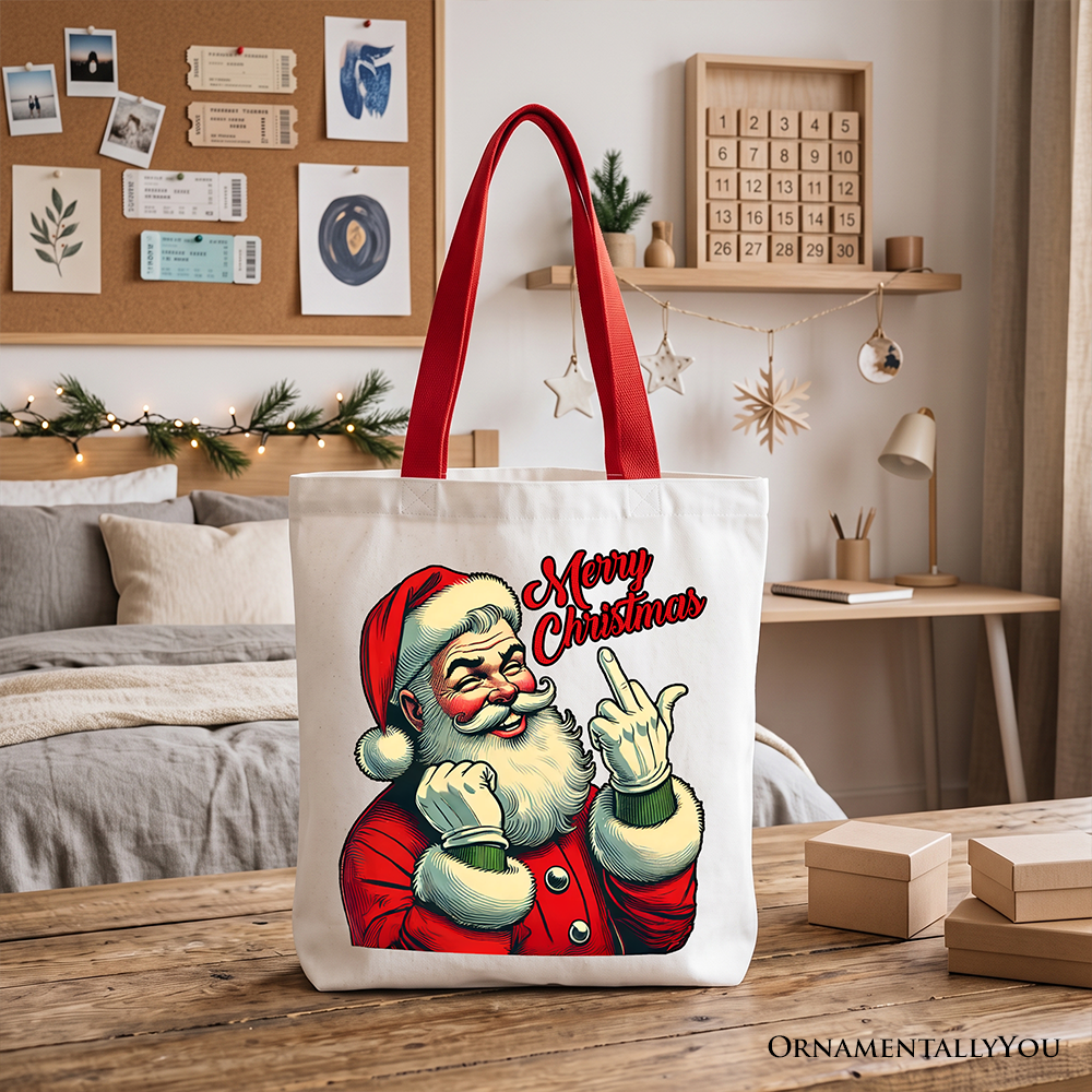 Santa Middle Finger Christmas Tote Bag, Vintage Funny Gift Shopper for Naughty Holiday Humor