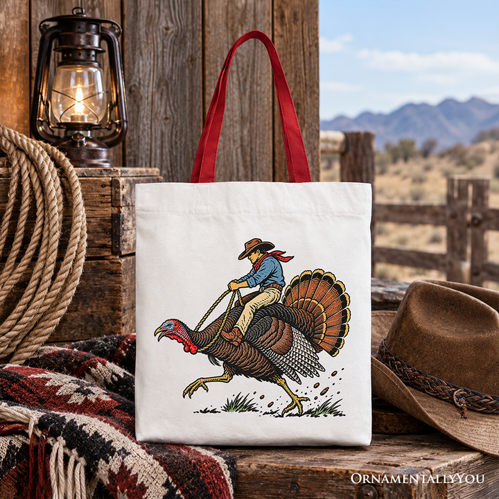 Turkey Rodeo Cowboy Thanksgiving Tote Bag, Funny Western Fall Gift Shopper