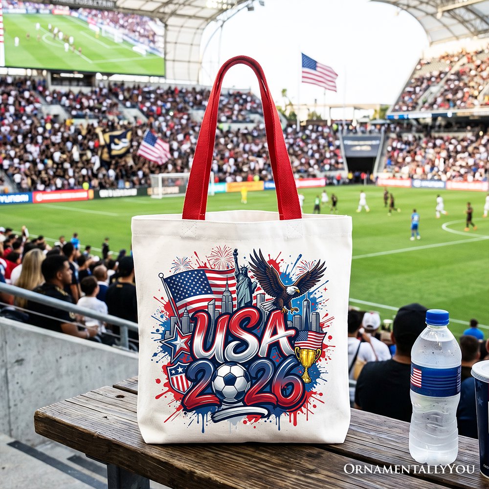 USA 2026 Soccer Cup Global Championship Tote Bag, Fans Football Gift Shopper Tote Bag OrnamentallyYou Red Handle 