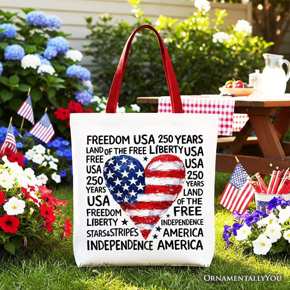 USA 250 Heart Patriotic Tote Bag, Retro 4th of July Gift Shopper Tote Bag OrnamentallyYou Red Handle 