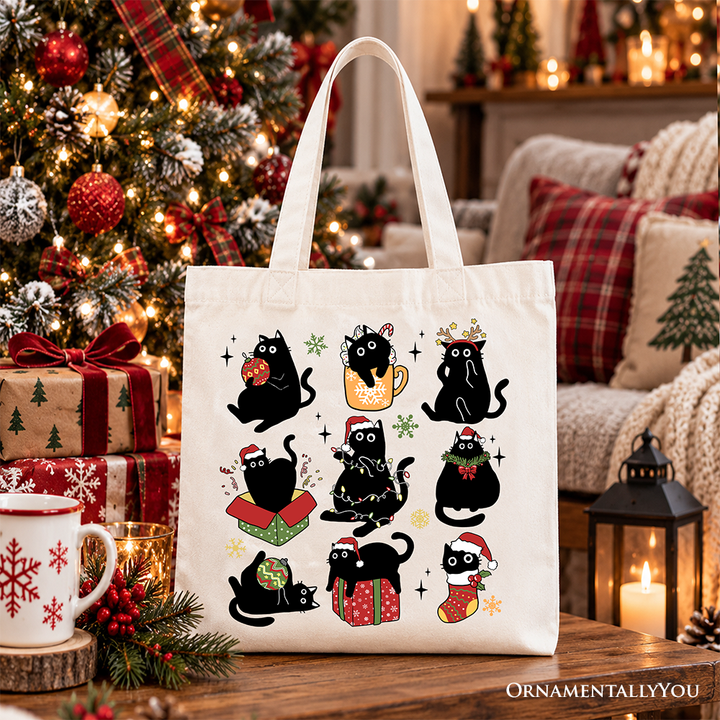 Christmas Black Cats Tote Bag, Whimsical Cats with Santa Hat Gift Shopper