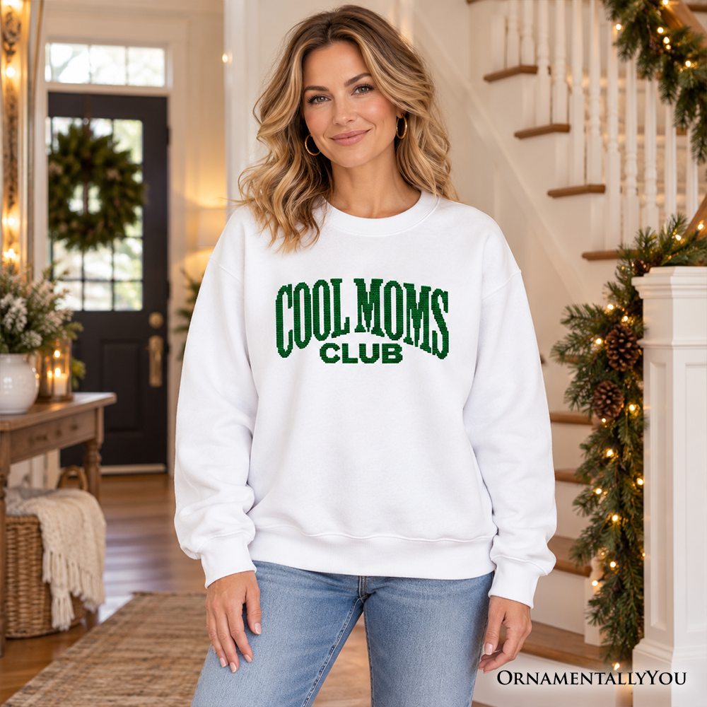 Cool Moms Club Faux Cross Stitch Christmas Sweatshirt, Funny Holiday Mom Sweater