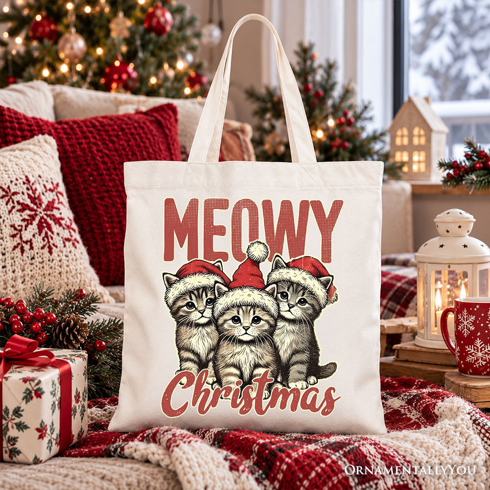 Cute Meowy Christmas Tote Bag, Baby Cat In Santa Hat Holiday Gift Shopper