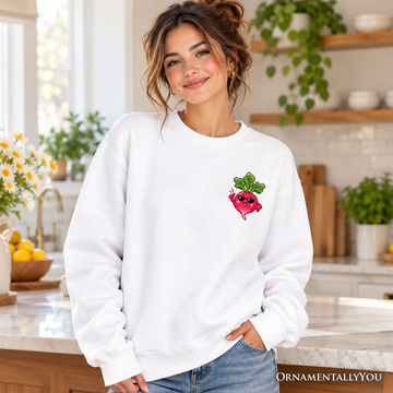 Cute Radish Faux Cross Stitch Sweatshirt, Funny Vegetable Foodie Sweater