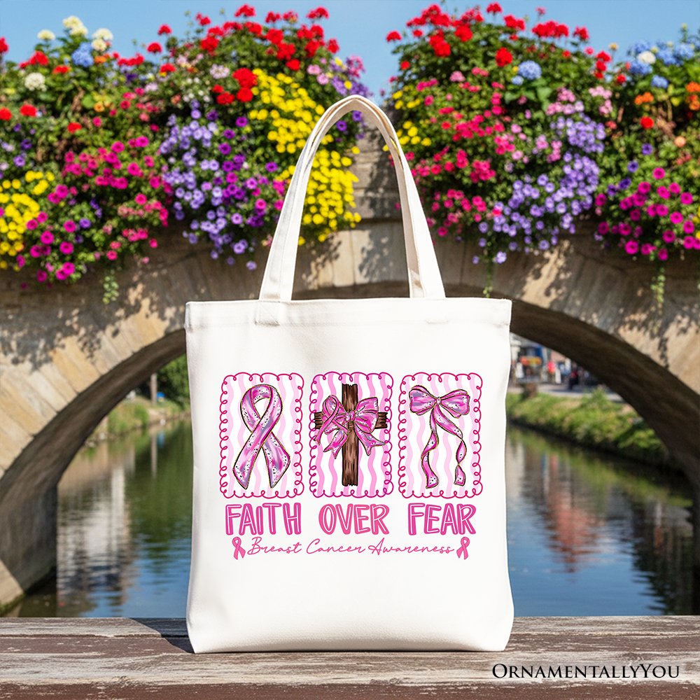 Faith Over Fear Breast Cancer Christian Tote Bag, Pink Ribbon Awareness Gift Shopper Tote Bag OrnamentallyYou White 