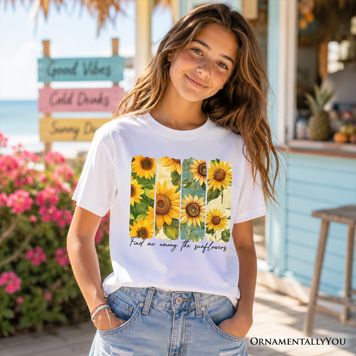 Find Me Among the Sunflowers Kids T-Shirt, Floral Tee for Youth Girls
