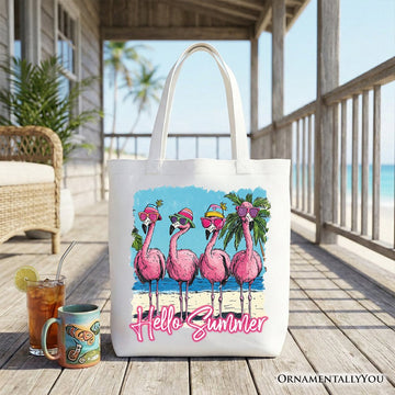 Flamingo Hello Summer Tote Bag, Tropical Beach Vacation Gift Shopper Tote Bag OrnamentallyYou White 