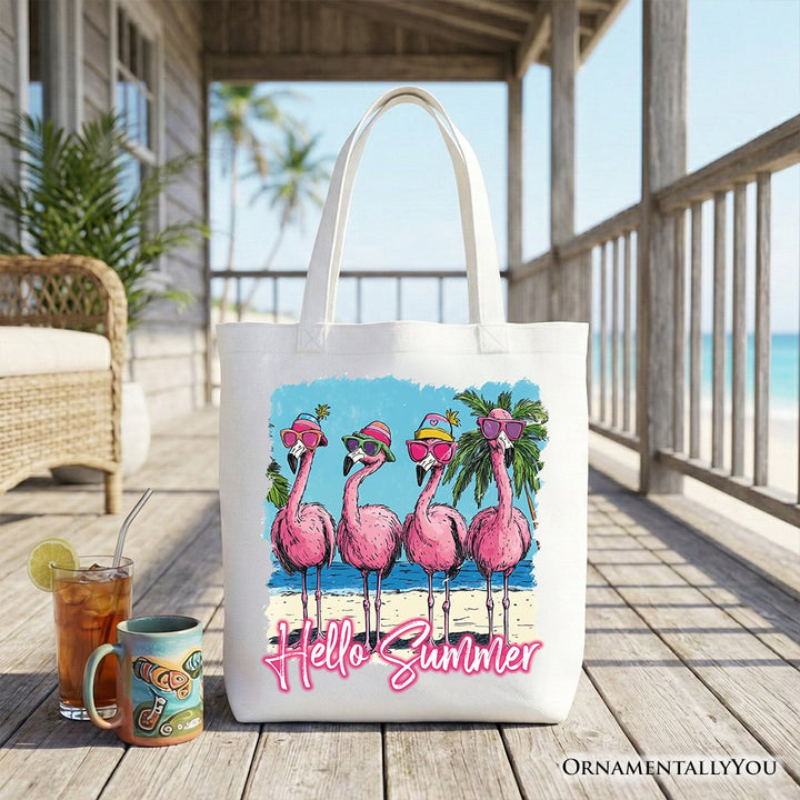 Flamingo Hello Summer Tote Bag, Tropical Beach Vacation Gift Shopper Tote Bag OrnamentallyYou White 