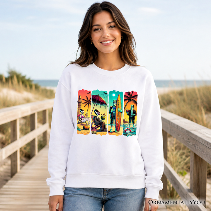 Frankenstein's Beach Vacation Sweatshirt, Retro Neon Surf Style Sweater for Horror Fans with Summer Vibes