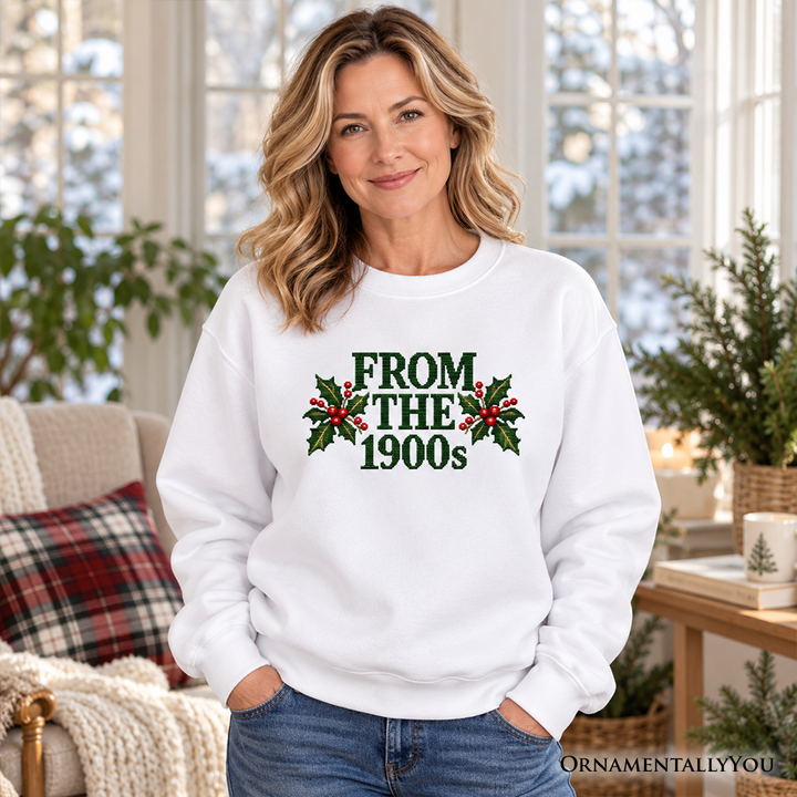 From the 1900s Faux Cross Stitch Christmas Sweatshirt, Holly Retro Holiday Sweater