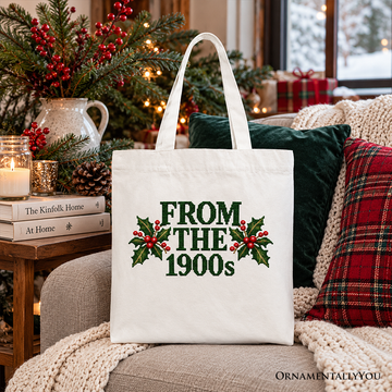 From the 1900s Faux Cross Stitch Christmas Tote Bag, Holly Retro Holiday Gift Shopper