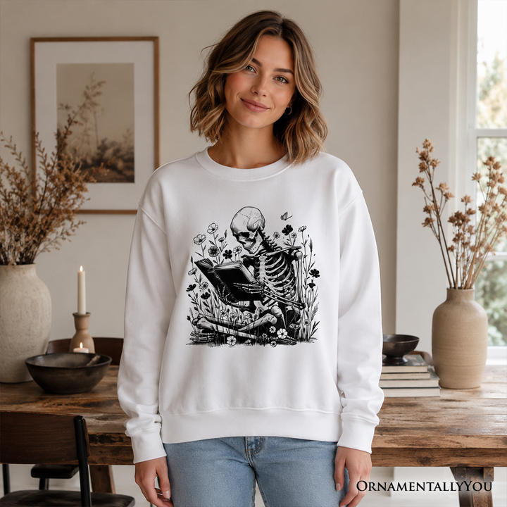 Gothic Reading Skeleton Sweatshirt, Floral Halloween Sweater for Spooky Bookworms