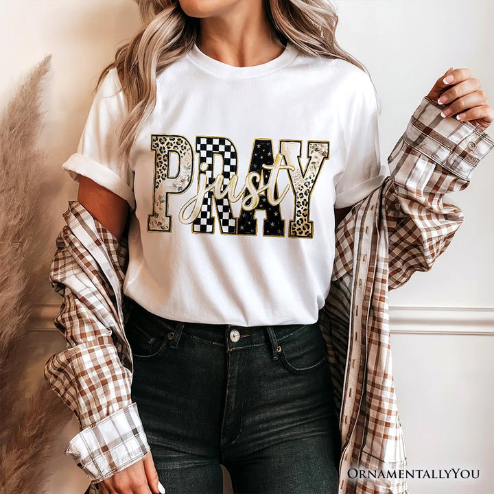 Just Pray Christian Varsity T-Shirt, Retro Leopard Checkered Faith Tee T-Shirts OrnamentallyYou 
