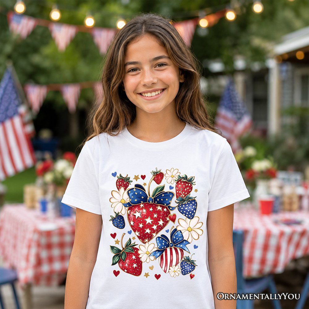 Kids Patriotic Boho Strawberries Bouquet T-Shirt, Youth 4th of July Festive Patch Tee Kid's T-Shirts OrnamentallyYou 
