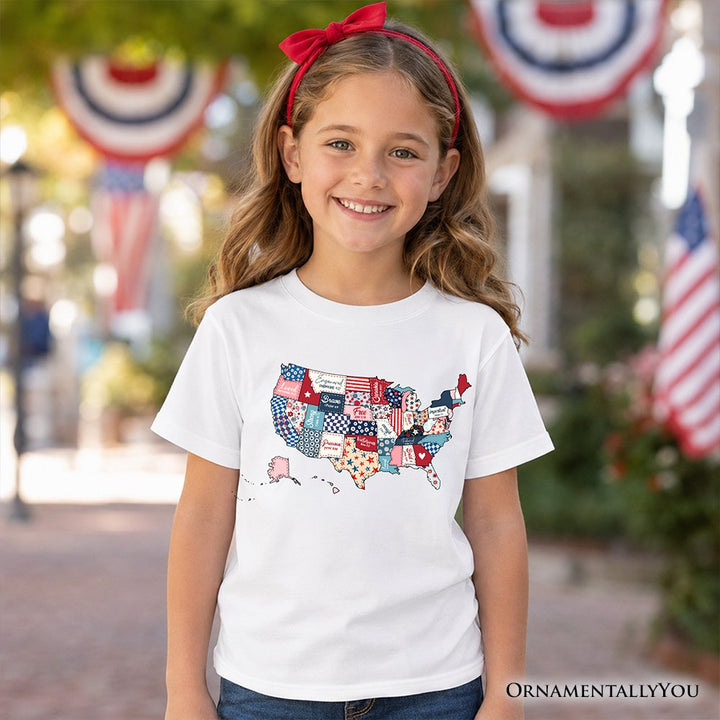 Kids Patriotic Patchwork USA T-Shirt, Quilted Map Youth Tee for American Fans Kid's T-Shirts OrnamentallyYou 