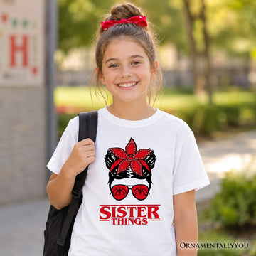 Kids Sister Things Messy Bun Retro T-Shirt, Red Bandana Glasses Family Matching Youth Tee Kid's T-Shirts OrnamentallyYou 