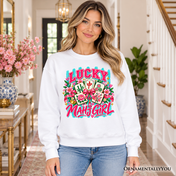 Lucky Mahjong Girl Sweatshirt, Colorful Floral Mahjong Tile Game Sweater