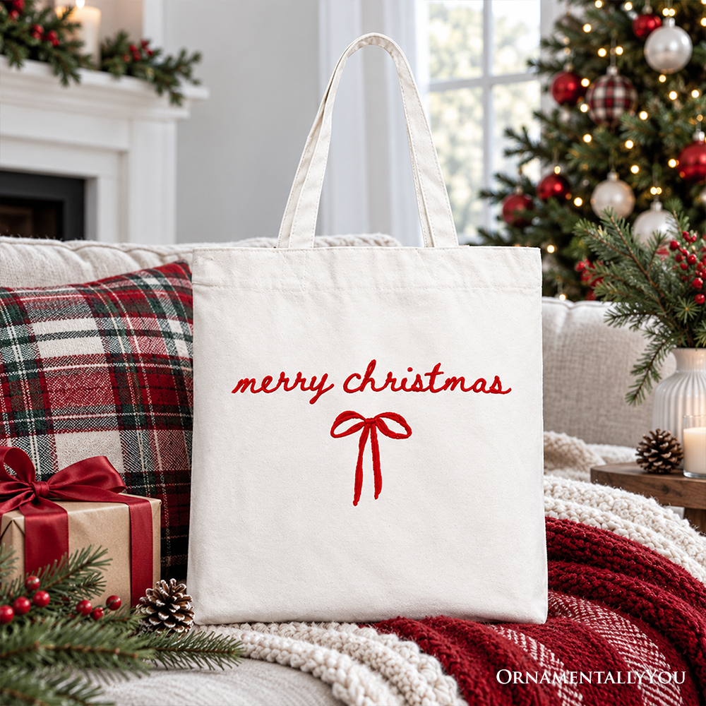Merry Christmas Bow Tote Bag, Minimalist Coquette Holiday Gift Shopper