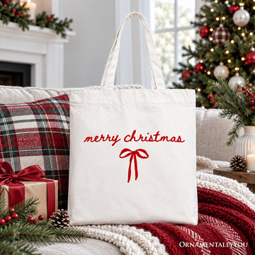 Merry Christmas Bow Tote Bag, Minimalist Coquette Holiday Gift Shopper