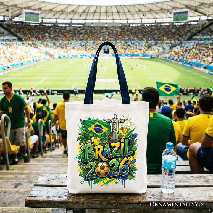 Brazil 2026 Soccer Cup Global Championship Tote Bag, Fans Football Gift Shopper Tote Bag OrnamentallyYou Navy Handle 