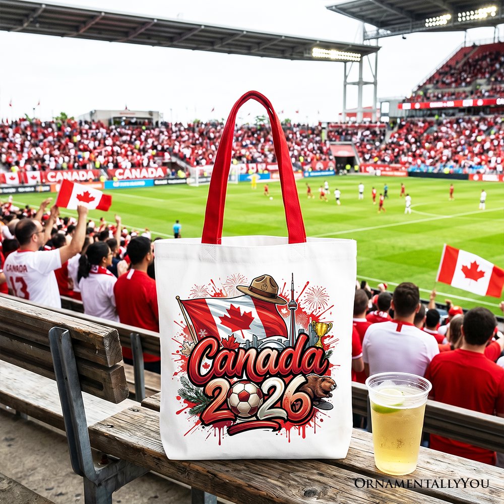 Canada 2026 Soccer Cup Global Championship Tote Bag, Fans Football Gift Shopper Tote Bag OrnamentallyYou Red Handle 