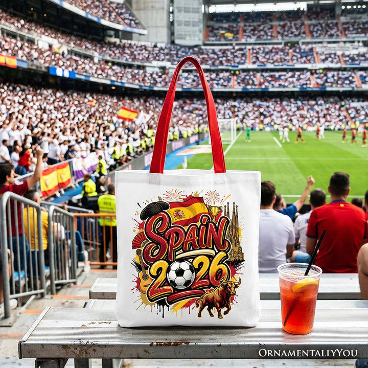 Spain 2026 Soccer Cup Global Championship Tote Bag, Fans Football Gift Shopper Tote Bag OrnamentallyYou Red Handle 