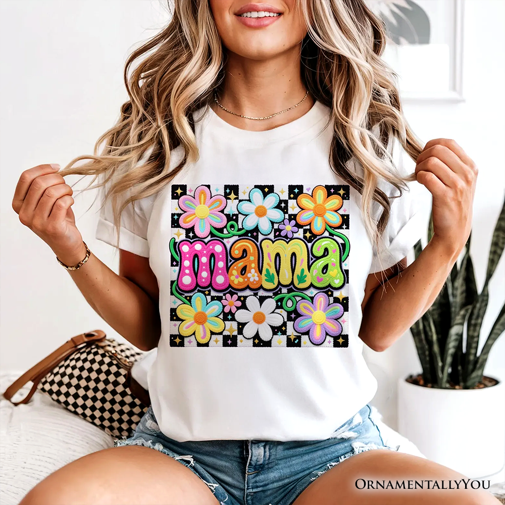 Retro Floral Mama Printed Faux Yarn T-Shirt, Colorful Mother's Day Tee
