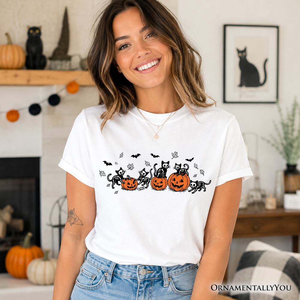 Skeleton Cats and Pumpkins T-Shirt, Spooky Halloween Black Cat Tee