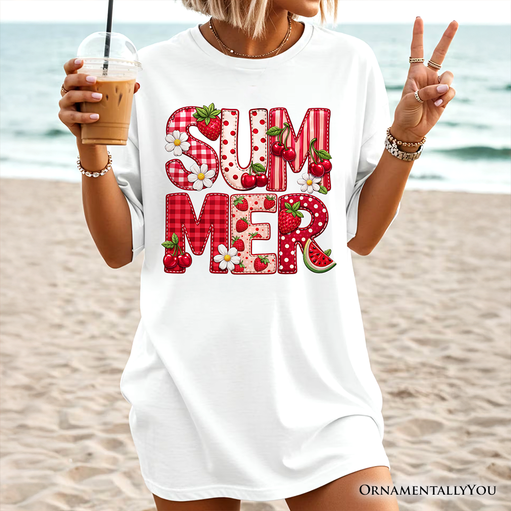 Strawberry Cherry Printed Faux Patchwork T-Shirt, Summer Fruit Picnic Tee