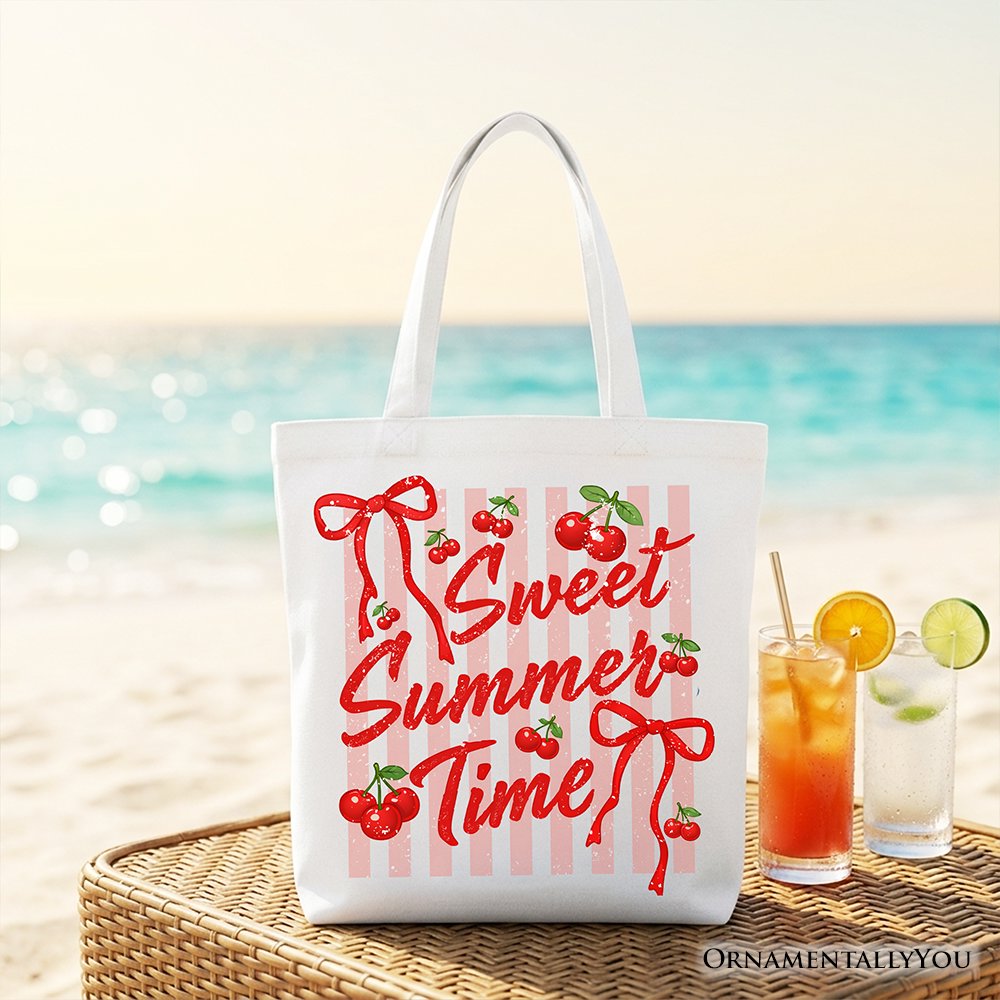 Striped Cherry Sweet Summer Time Tote Bag, Coquette Vacation Gift Shopper Tote Bag OrnamentallyYou White 