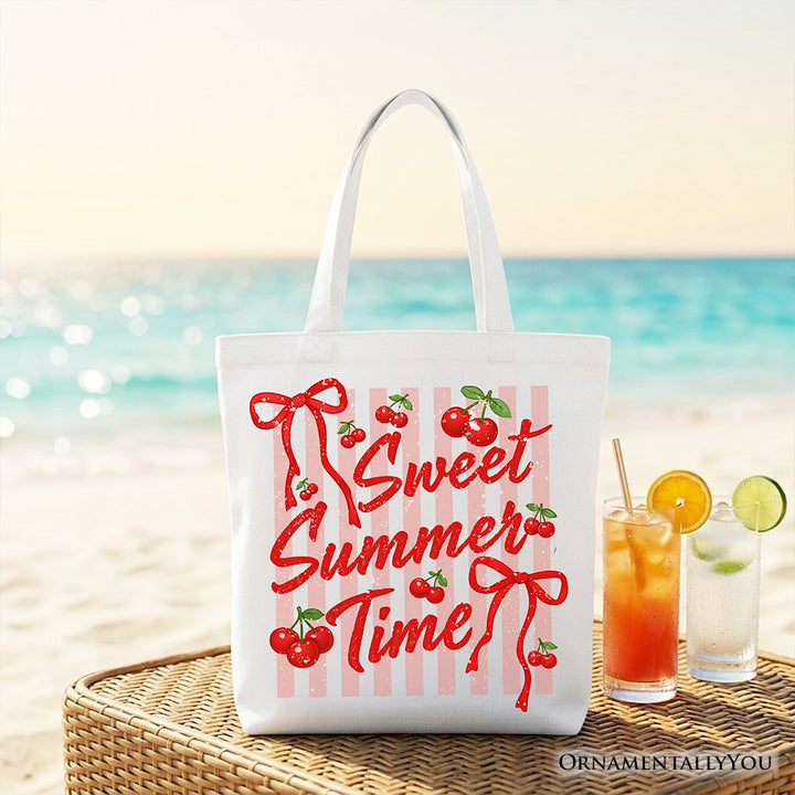 Striped Cherry Sweet Summer Time Tote Bag, Coquette Vacation Gift Shopper Tote Bag OrnamentallyYou White 