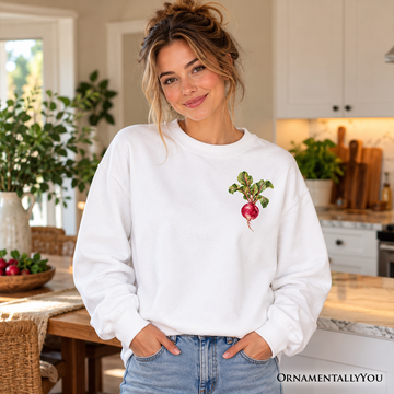 Vintage Radish Faux Cross Stitch Sweatshirt, Botanical Vegetable Garden Sweater