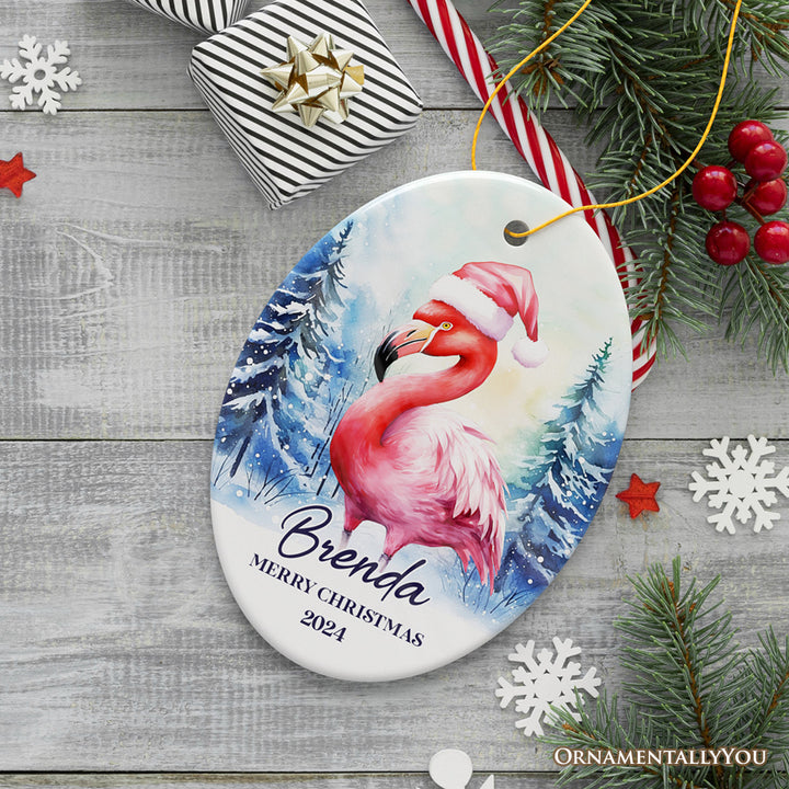 Flamingo with Santa Hat Personalized Ornament, Winter Forest Christmas Gift With Custom Name and Date