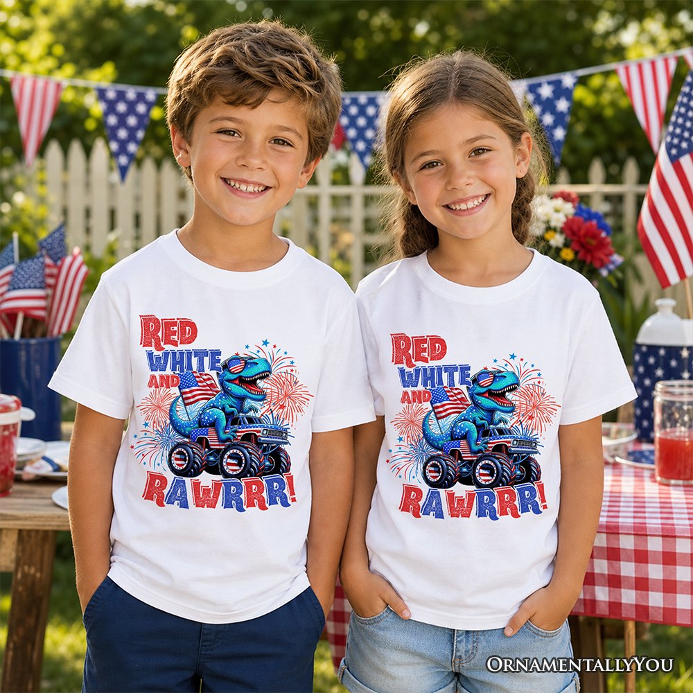 Kids Patriotic Dinosaur Monster Truck T-Shirt, Red White and Rawrr 4th of July Youth Tee Kid's T-Shirts OrnamentallyYou 