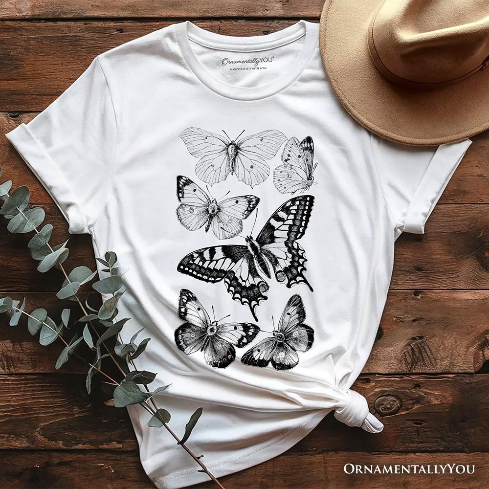 Vintage Butterfly Sketch T-Shirt, Botanical Insect Art Nature Tee T-Shirts OrnamentallyYou White XS 