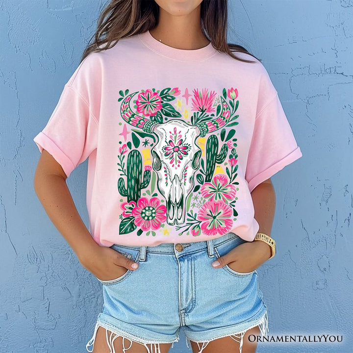 Western Floral Cow Skull T-Shirt, Boho Cowgirl Wildflower Cactus Tee T-Shirts OrnamentallyYou 