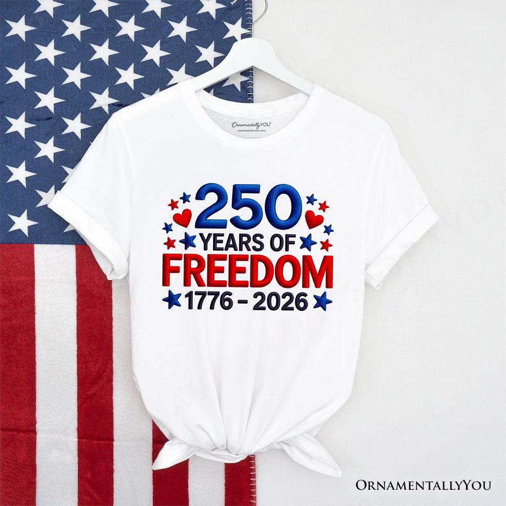 250 Years Freedom Faux Varsity Patch T-Shirt, 4th of July USA Patriotic 1776–2026 Tee T-Shirts OrnamentallyYou White XS 
