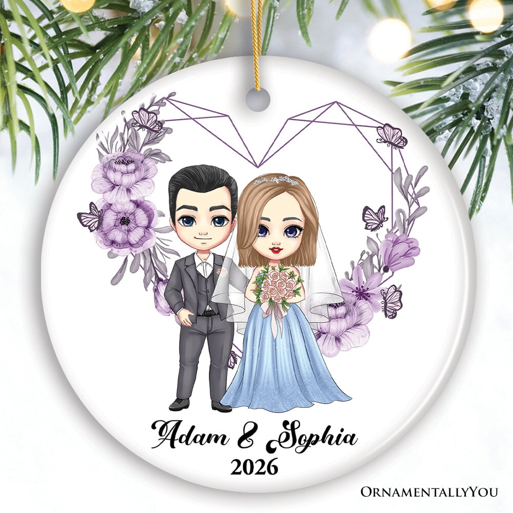 Adorable Customized Married Couple Gift Christmas Ornament, Cartoon Bride and Groom Ceramic Ornament OrnamentallyYou 