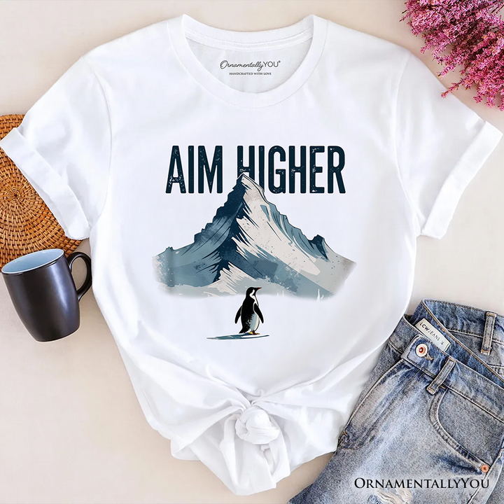 Aim Higher Penguin T-Shirt, Vintage Mountain Motivational Quote Tee