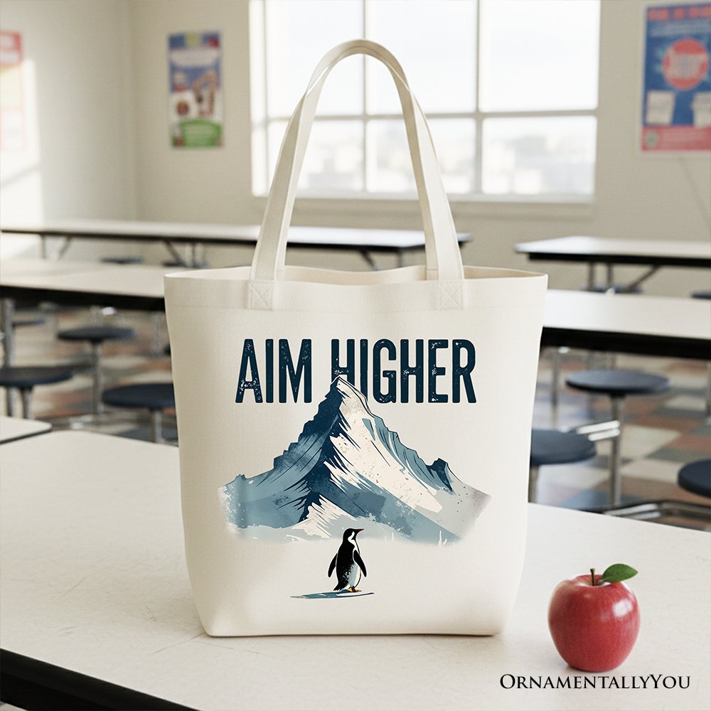 Aim Higher Penguin Tote Bag, Vintage Mountain Motivational Quote Gift Shopper Tote Bag OrnamentallyYou White 