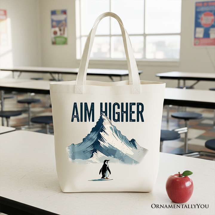 Aim Higher Penguin Tote Bag, Vintage Mountain Motivational Quote Gift Shopper