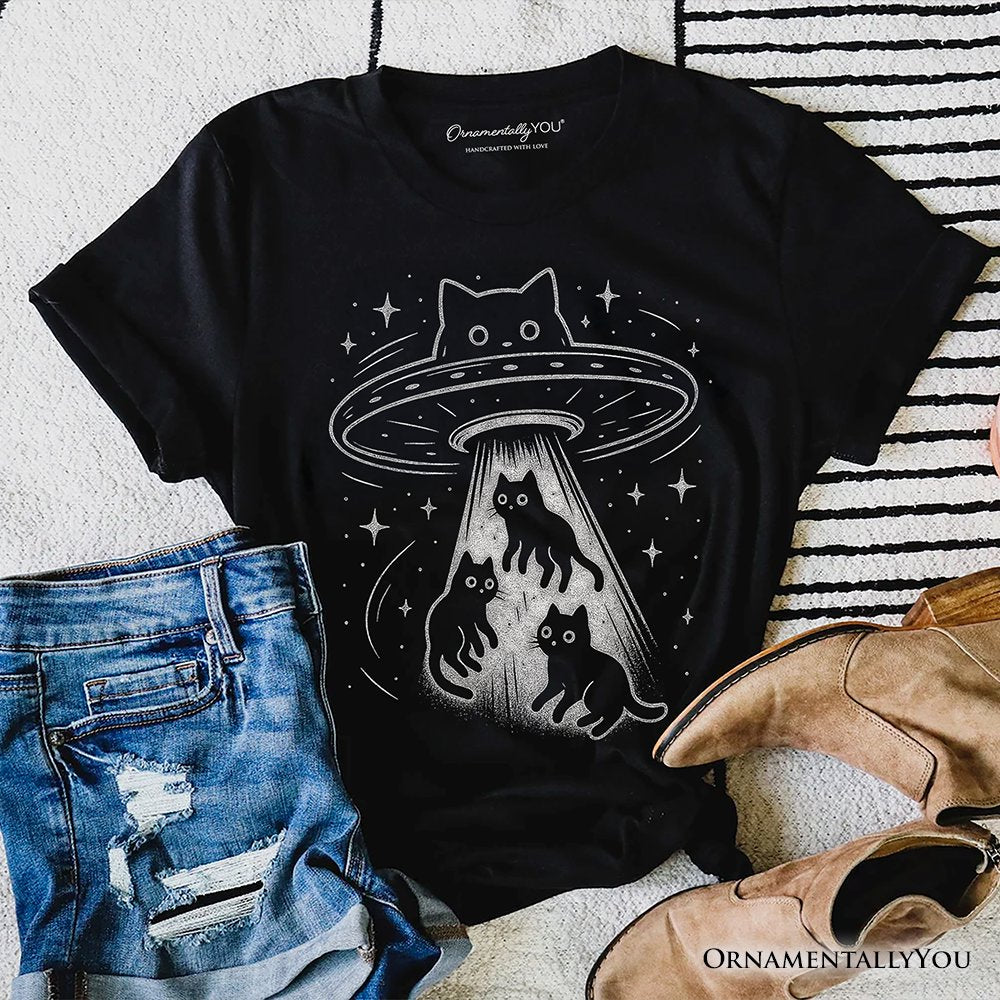 Alien Cat Abduction T-Shirt, Funny UFO Space Cats Cosmic Tee T-Shirts OrnamentallyYou Black XS 