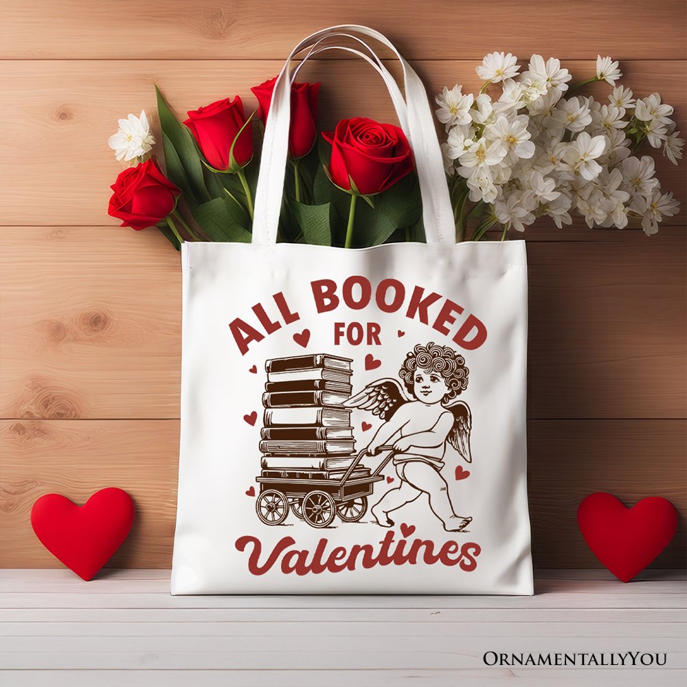 All Booked For Valentines Cupid Canvas Tote Bag, Vintage Funny Bookworm Gift Tote Bag OrnamentallyYou White 