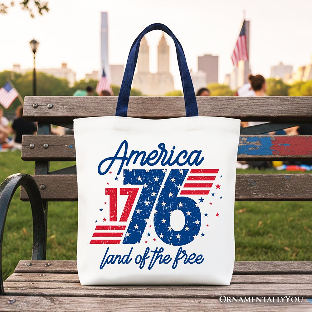 America 1776 Land of the Free Tote Bag, Vintage 4th of July Gift Shopper Tote Bag OrnamentallyYou Navy Handle 