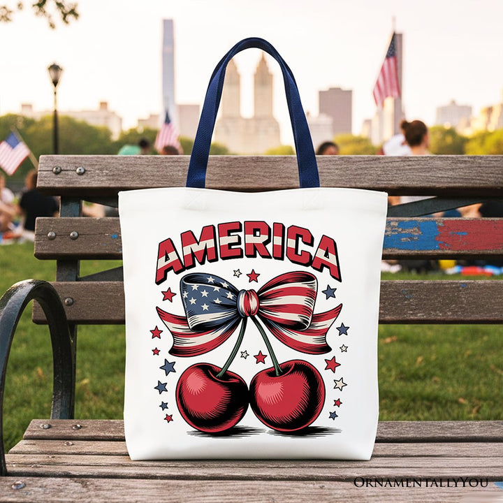 America Coquette Cherries Tote Bag, Patriotic 4th of July Gift Shopper Tote Bag OrnamentallyYou Navy Handle 