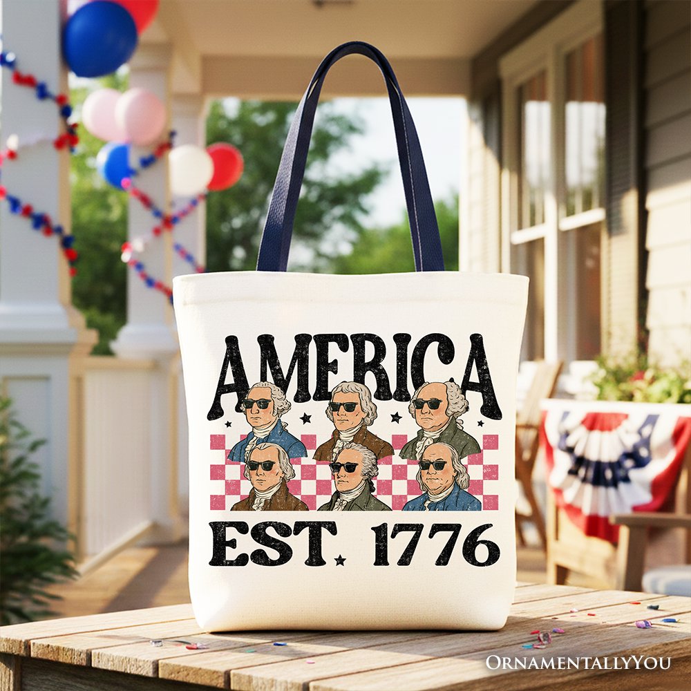 America Est 1776 Founding Fathers Vintage Canvas Tote Bag, Retro Patriotic Gift Shopper Tote Bag OrnamentallyYou Navy Handle 