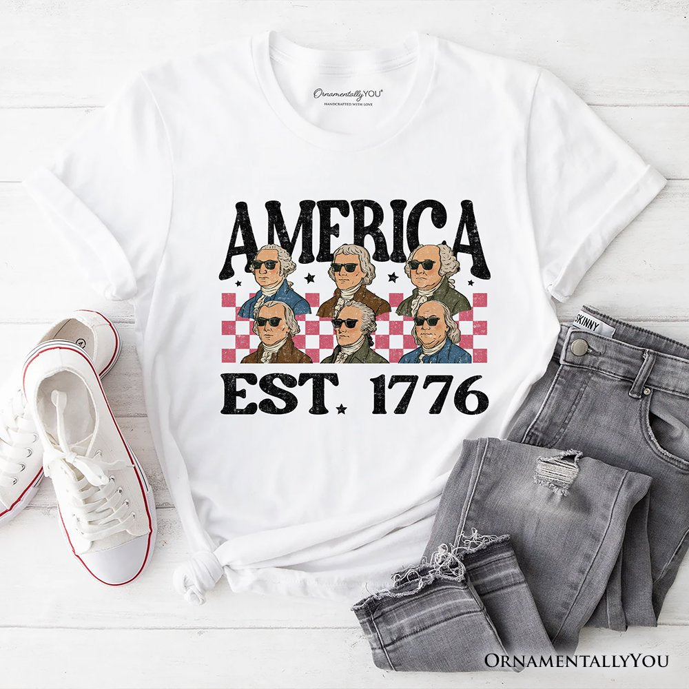 America Est 1776 Founding Fathers Vintage T-Shirt, Retro Patriotic Tee T-Shirts OrnamentallyYou White XS 