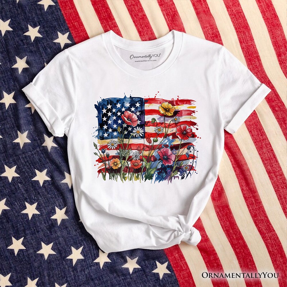 American Flag Floral Wildflower T-Shirt, Patriotic Boho USA 4th of July Tee T-Shirts OrnamentallyYou White XS 
